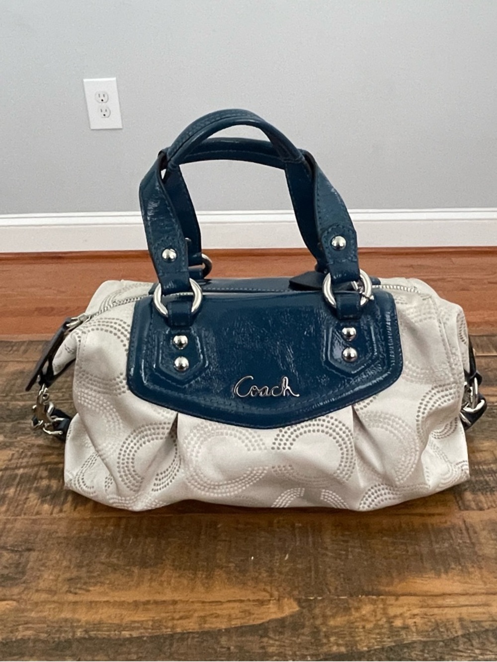 Coach Cream Satchel with Teal Patent Leather Trim